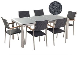 Beliani Set Da Giardino Tavolo Con Piano Granito Nero 6 Sedie Rattan 180 X 90 Cm Grosseto