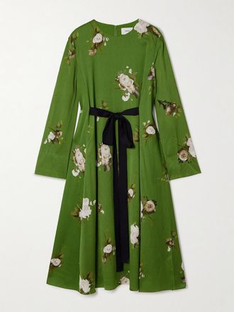 Erdem Abito Midi In Raso Plissé Floreale Con Fiocco - Verde