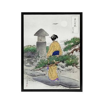 Artery8 Full Moon Pine Tree Vintage Ukiyo E Framed Canvas Wall Art Print Gekko in Green | Size: W24 x H32