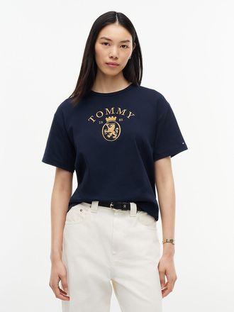 Tommy Hilfiger Womens Metallic Crest Logo Interlock T-Shirt - Navy Blue - XXL