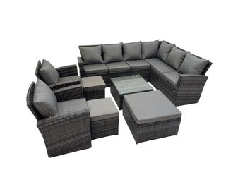 Fimous 11 Seater Garden Sofa Coffee Table Set with 2 Chairs 3 Footstools in Dark Grey