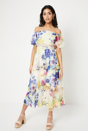 Oasis Womens Petite Organza Floral Bardot Midaxi Dress - Multicolour - Size 10 UK