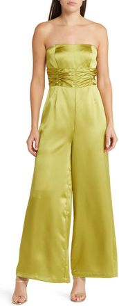 Du Paradis Strapless Wide Leg Satin Jumpsuit In Chartreuse