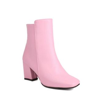 Generic Womens Chunky Heel Office Style Ankle Boots Square Toe Casual Short Booties,Pink,6.5 UK