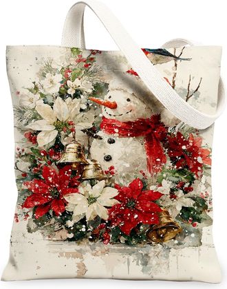 Generic Holiday Canvas Tote Bags, Festive Snow Man Floral Design Reusable Grocery Bags, Rustic Seasonal Lightweight Washable Should, White, 13x15 Inch