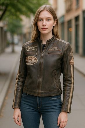 Infinity Leather Womens Orange Biker Racing Badges Leather Jacket-Eastleigh