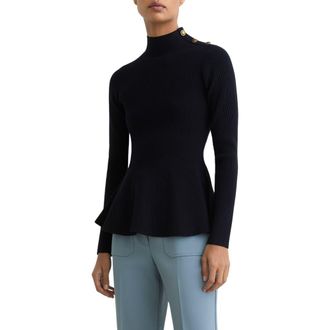 Reiss Isabella Rib Mock Neck Peplum Top in Navy at Nordstrom, Size X-Small