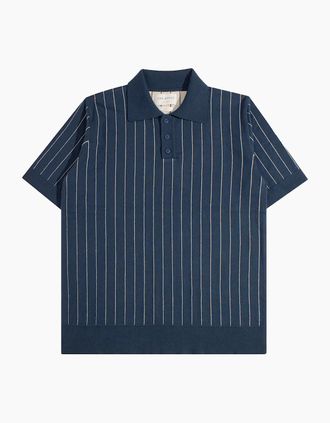Far Afield Mens Far Afield Benny Knitted Pinstripe Polo - Navy - Size: 42/Regular