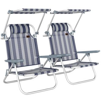 OUTSUNNY Pack De 2 Sillas De Playa Plegables Con Dosel Ajustable, Respaldo Reclinable 6 Posiciones, Reposacabezas, Brazos, Carga 120kg, Azul Y Blanco