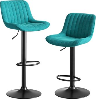STILVORA Juego De 2 Taburetes De Bar Giratorios Y Regulables En Altura Con Respaldo, Metal, Madera Y Terciopelo, Azul