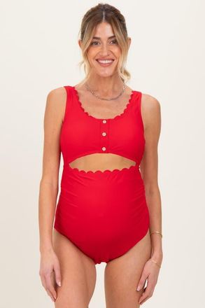 Pinkblush Scalloped Cutout Ruched One Piece Swimsuit in Red at Nordstrom, Size X-Large