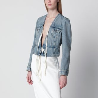 Maison Margiela Light blue cotton denim jacket with V-neck