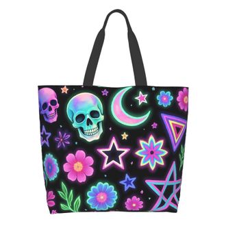 Generic Neon Flower Skull5 Shoulder Bag Reusable Handbag Lightweight Shoulder Bags For Camping Travel Beach