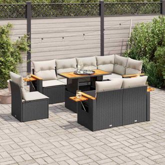 vidaXL Set Sof&aacute;s Jard&iacute;n Y Cojines 9 Pzas Rat&aacute;n Sint&eacute;tico Acacia Negro Vidaxl