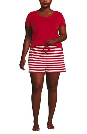 Lands End Knit 2 Piece Pajama Set - Short Sleeve Top and Shorts in Compass Red/ivory Stripe at Nordstrom, Size 1X