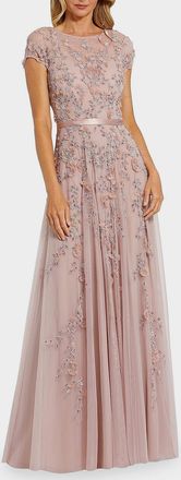 Mac Duggal Bead-Embroidered Mesh Gown