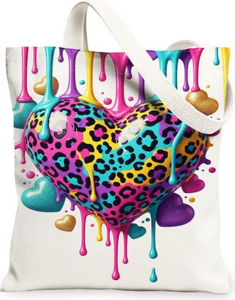Generic Colorful Heart Canvas Tote Bags, Funky Dripping Paint Pattern Reusable Grocery Bags, Lightweight Washable Shoulder Strap Ca, White, 13x15 Inch