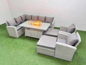 Fimous Outdoor Furniture Garden Dining Set Gas Fire Pit Table with Temper Glass Footstools 10 Seater in Light Grey