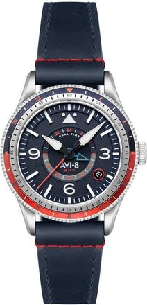 AVI-8 Flyboy Airmaster GMT Leather Strap Watch, 40mm in Blue at Nordstrom