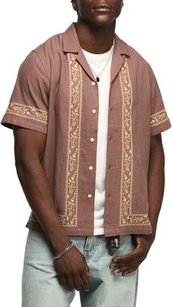 Lucky Brand Embroidered Cotton Blend Camp Shirt in Brown Multi at Nordstrom, Size Xx-Large