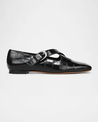 Vince Cici Croc-Embossed Leather Crisscross Ballerina Flats