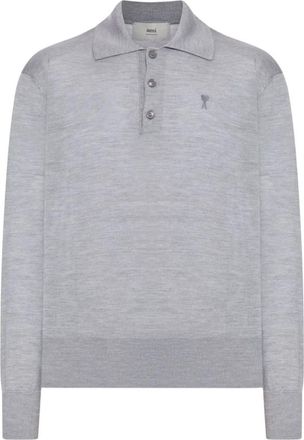 Ami Grijze Wollen Polo met Geborduurd Detail - Heren - Polos - Grijs - S - Wol - Tops