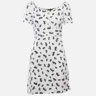 Maje White Patterned Crepe Printed Smocked Mini Dress