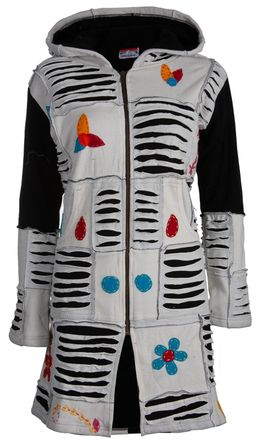 Deproc Strickmantel DEPROC ACTIVE Patchwork Mantel Multicolor FLOWER POWER LIGHT GRAY mit Kapuze, Damen, Gr. 4XL(58), grau (hellgrau), 100% Baumwolle, M&auml;ntel