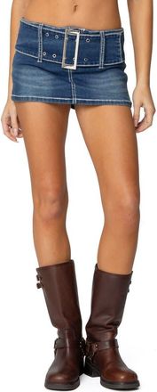 Edikted Payson Low Rise Belted Denim Miniskort in Blue-Washed at Nordstrom, Size X-Small