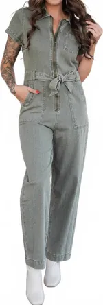 Hem & Thread River Denim Jumpsuit In Olive