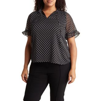 CeCe by Cynthia Steffe Tie Neck Ruffle Yoke Blouse in Black/white Dot at Nordstrom Rack, Size 3X