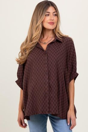 Pinkblush Checker Print Short Sleeve Oversized Blouse in Brown at Nordstrom, Size X-Large