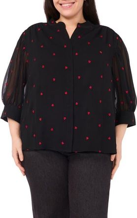 CeCe by Cynthia Steffe Heart Embroidered Button-Up Shirt in Rich Black at Nordstrom, Size 1X