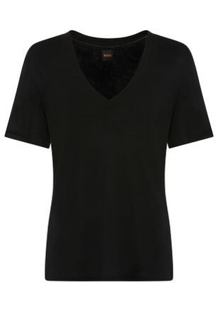 Boss Orange by Hugo Boss T-Shirt BOSS ORANGE Ela Premium Damenmode, Damen, Gr. XL, schwarz 001, Single Jersey, Obermaterial: 100% Leinen, unifarben, normal, V-Ausschnitt, Shir