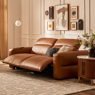 Castlery Modular Leather Slim Arm Dual Recliner Sofa with Feather Filled Seats - Brown | Jaron by Castlery