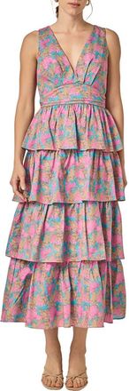 English Factory Tiered Ruffle Sleeveless Maxi Dress in Pink Multi at Nordstrom, Size X-Small