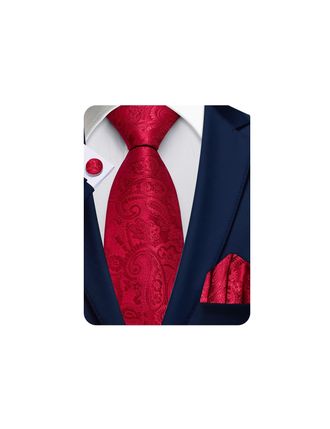 Barry.Wang Red Tie Mens Silk Paisley Necktie Pocket Square Cufflinks Set Christmas Wedding Party