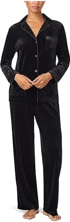 Lauren Ralph Lauren Long Sleeve Velvet Notch Collar Long PJ Set Womens Pajama Sets Black : XL (US 16-18), Velvet/Spandex/Polyester