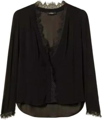 Twinset Georgette Blouse met Kant - Dames - Blouses - Zwart - XS - Polyester - Overhemden