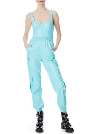 Alice & Olivia Frida Faux Leather Bustier Cargo Jumpsuit in Aqua Blue at Nordstrom, Size 0