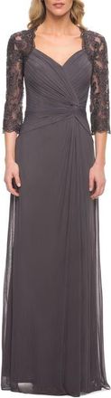 La Femme Jersey Gown with Knot Detail and Lace Sleeves in Gunmetal at Nordstrom, Size 20
