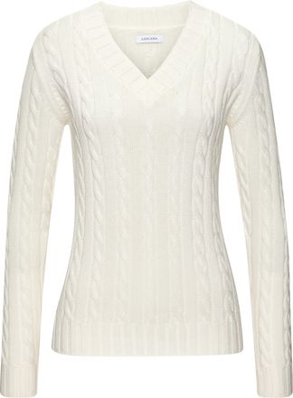 Lascana V-Ausschnitt-Pullover LASCANA, Damen, Gr. 32/34, creme, Strick, Obermaterial: 50% Baumwolle, 50% Polyacryl, Zopfmuster, figurumspielend h&uuml;ftlang, V-Au