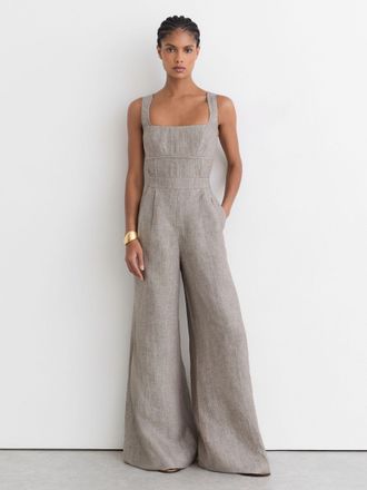 Reiss Neutral Petite Linen Structured Wide-leg Jumpsuit, 12