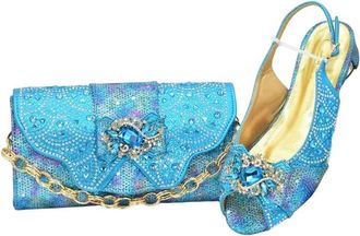 Generic Womens Italian Design Mid Heel Hollow Pointed Toe Shoes and Banquet Bag Set for Party Sky Blue