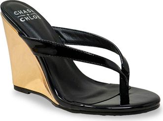 Chase + Chloe by Intouch Footwear Toe Post Wedge Sandal in Black Patent at Nordstrom Rack, Size 7.5