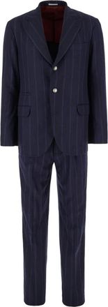 Brunello Cucinelli Pinstripe Single-Breasted Suit - Heren - Business pakken - Blauw - M - Wol - Kostuums