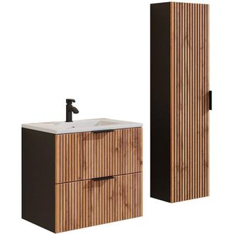 Vente-Unique Vente-unique - Mobile per bagno sospeso con scanalature e lavabo da incasso e colonna 60 cm Naturale chiaro e Nero - madela