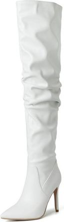 Generic Womens Slouch Ruched Thigh High Boots Pointed Toe Stiletto Heels Dressy Pumps Wide Calf Pull On Over The Knee Shoes (5.5,White)