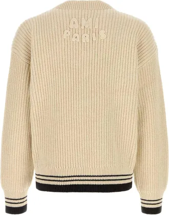 Ami Mens Ivory Wool Blend Sweater Blanccreme Virgin Cotton Beige