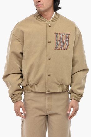 We11done Solid-Color Cotton-Blend Bomber Jacket with Patch Embellished with Rhinestones We11done